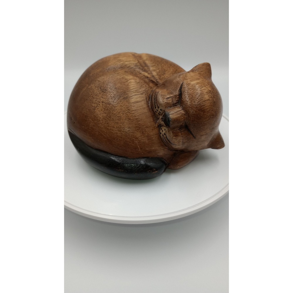 Vintage Hand Carved Solid Wood Siamese Cat Sleeping Curled Up 5" Figure Decor